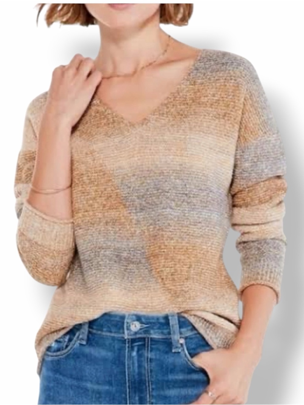 NIC+ZOE Sunset V-Neck Sweater in Beige and Gray
